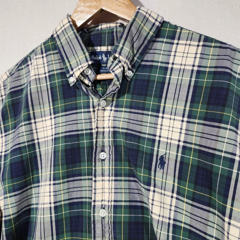 Polo Ralph Lauren Blake Mens Large Green Navy Plaid Cotton Button Down Shirt